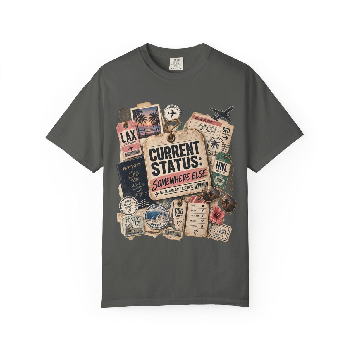 Travel Sticker Collage T-Shirt — "Current Status: Somewhere Else" Graphic Tee