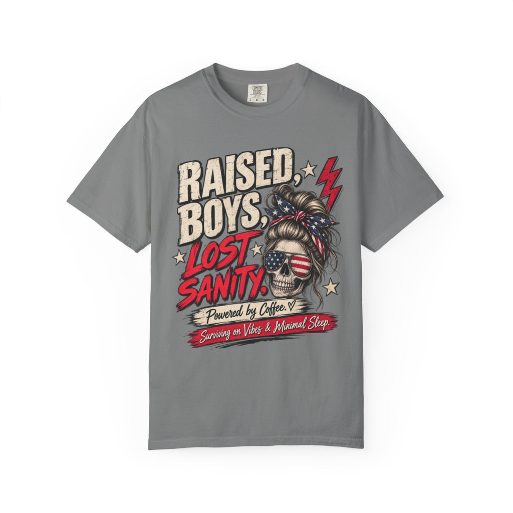 Raised Boys Lost Sanity Graphic T-Shirt — Mom Patriotic Messy Bun Tee