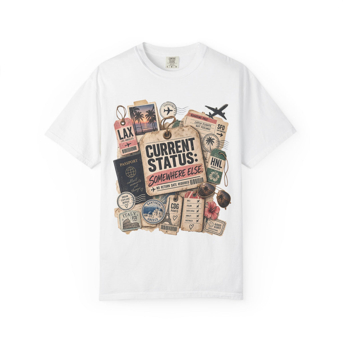 Travel Sticker Collage T-Shirt — "Current Status: Somewhere Else" Graphic Tee