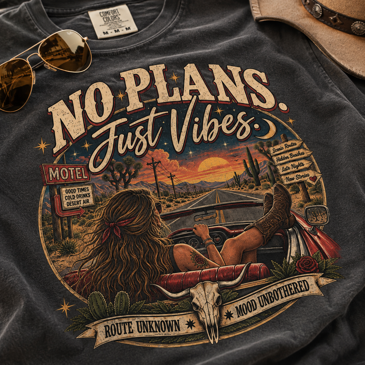 No Plans. Just Vibes. Vintage Desert Road Trip Graphic Tee