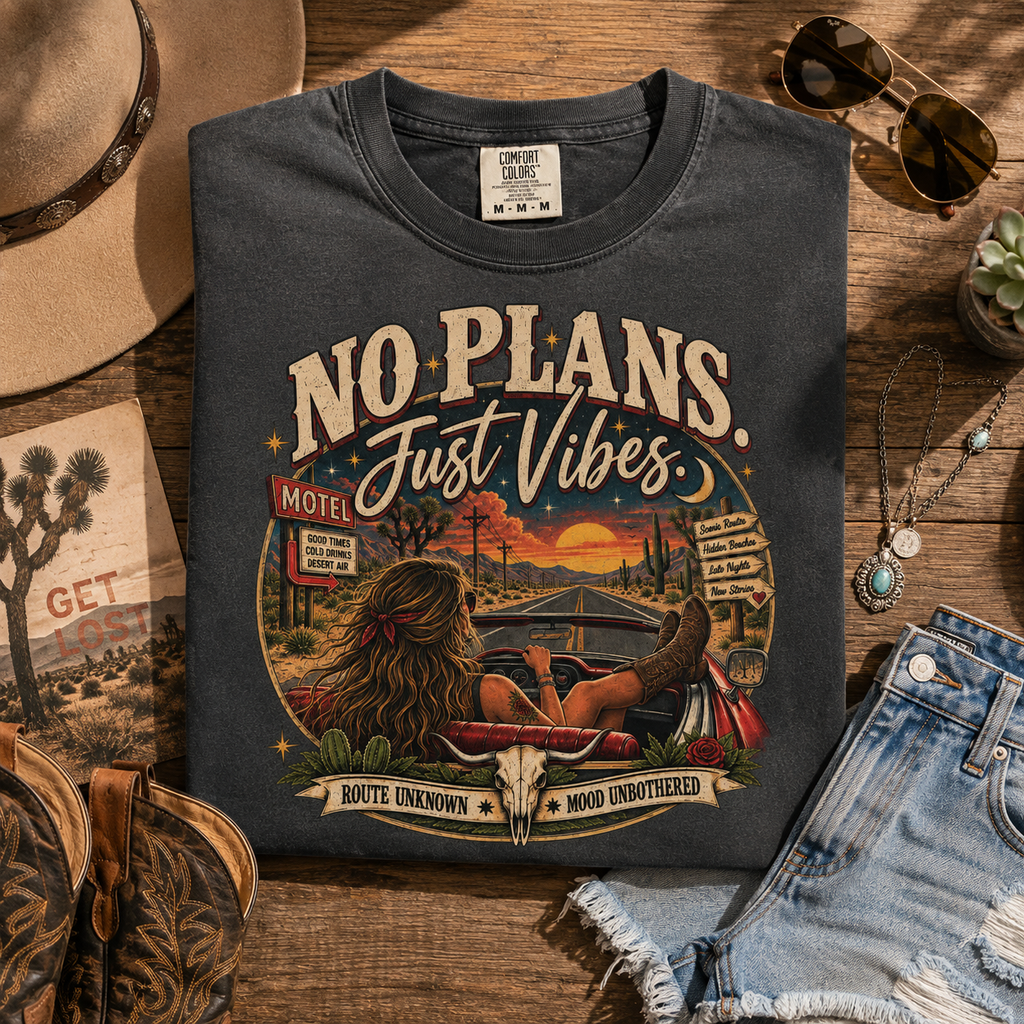 No Plans. Just Vibes. Vintage Desert Road Trip Graphic Tee