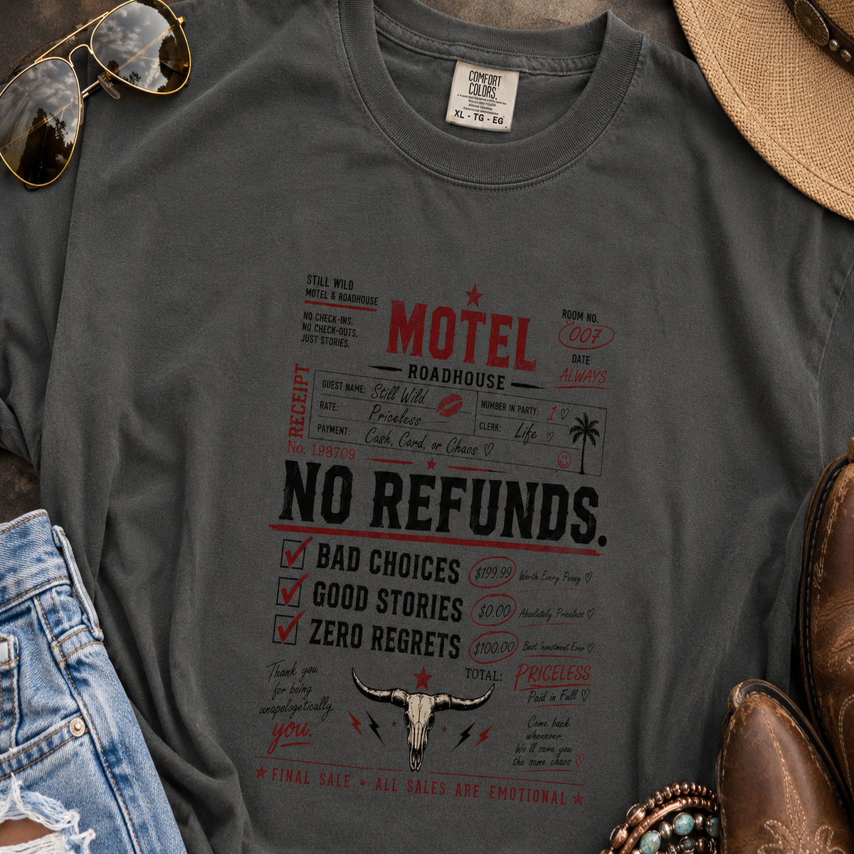 No Refunds Oversized Graphic Tee | Funny Western Shirt