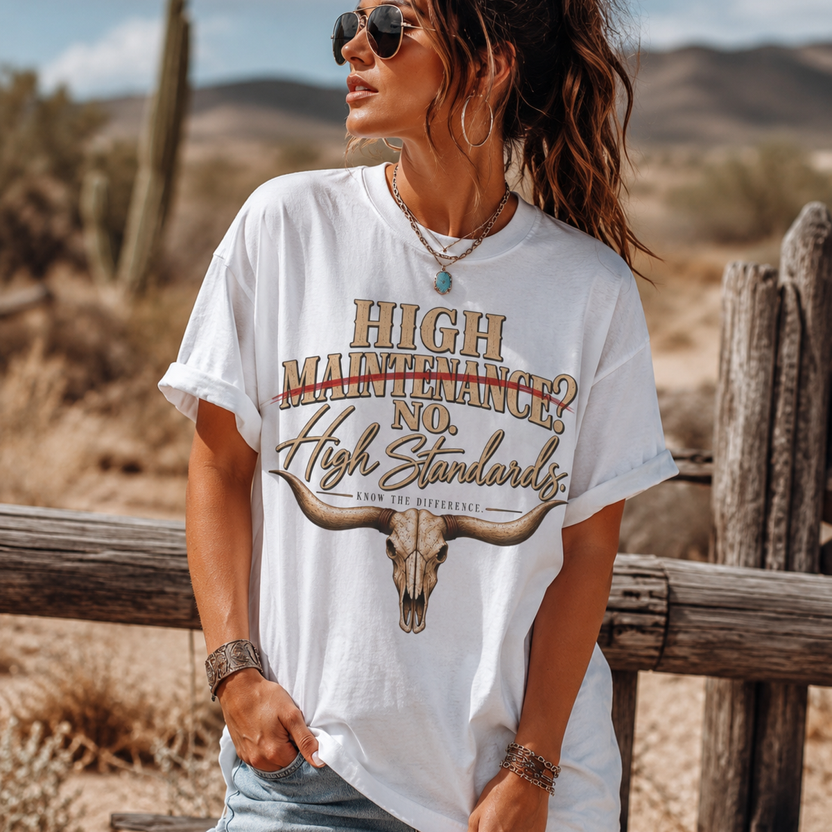T-Shirt — "High Maintenance? No. High Standards." Western Longhorn Graphic