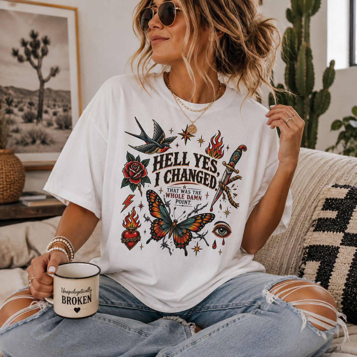 Graphic T-Shirt — "Hell Yes, I Changed" Vintage Tattoo Butterfly Tee