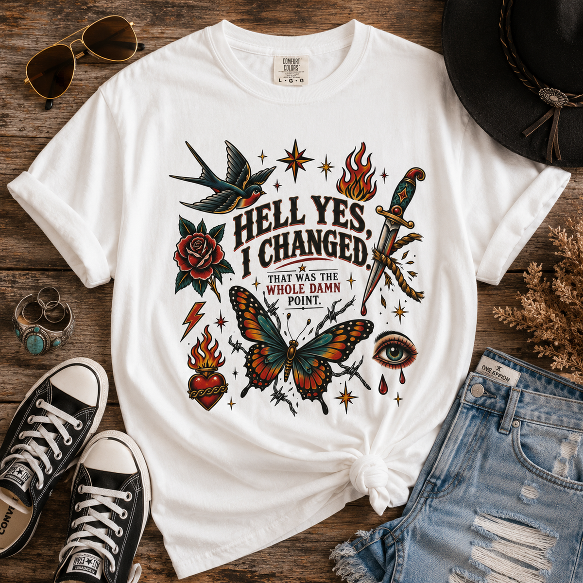 Graphic T-Shirt — "Hell Yes, I Changed" Vintage Tattoo Butterfly Tee