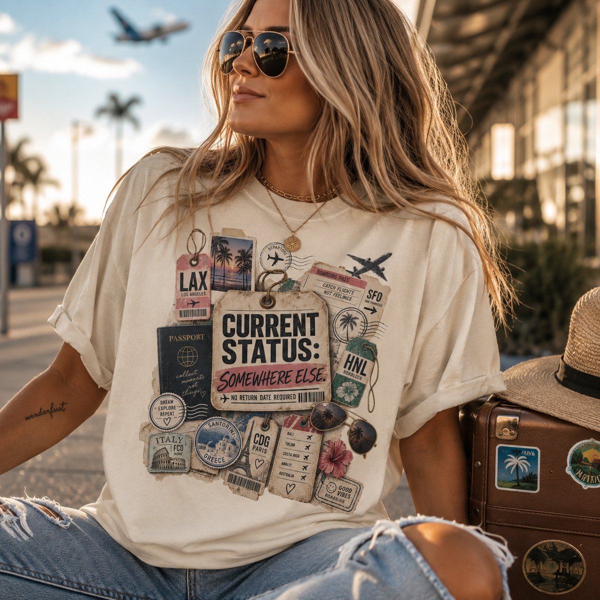 Travel Sticker Collage T-Shirt — "Current Status: Somewhere Else" Graphic Tee