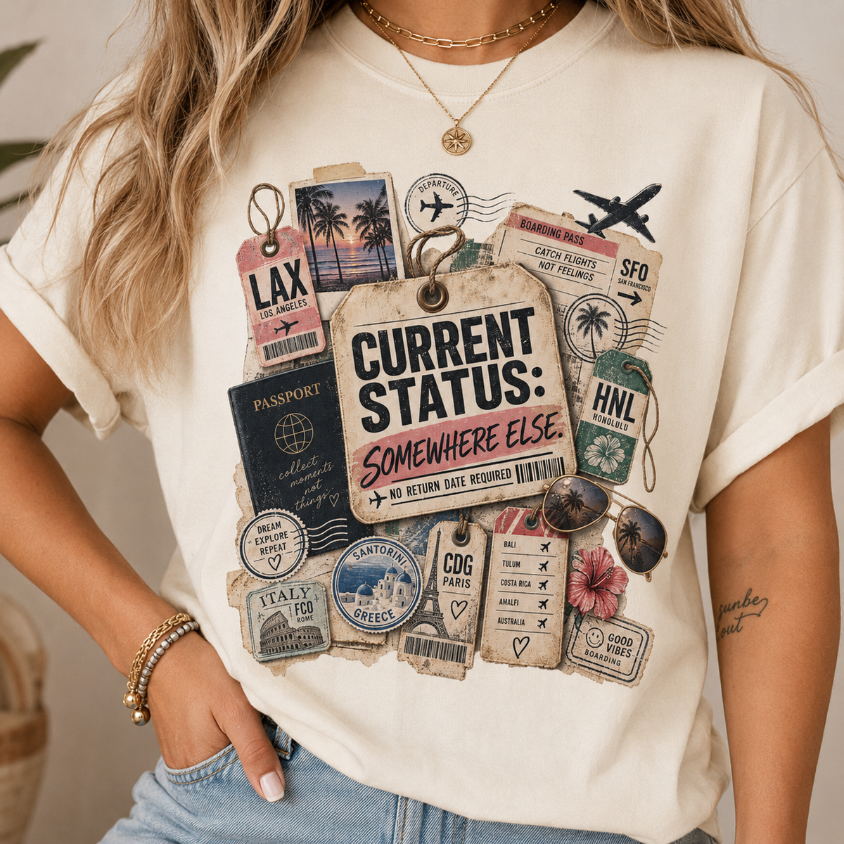 Travel Sticker Collage T-Shirt — "Current Status: Somewhere Else" Graphic Tee