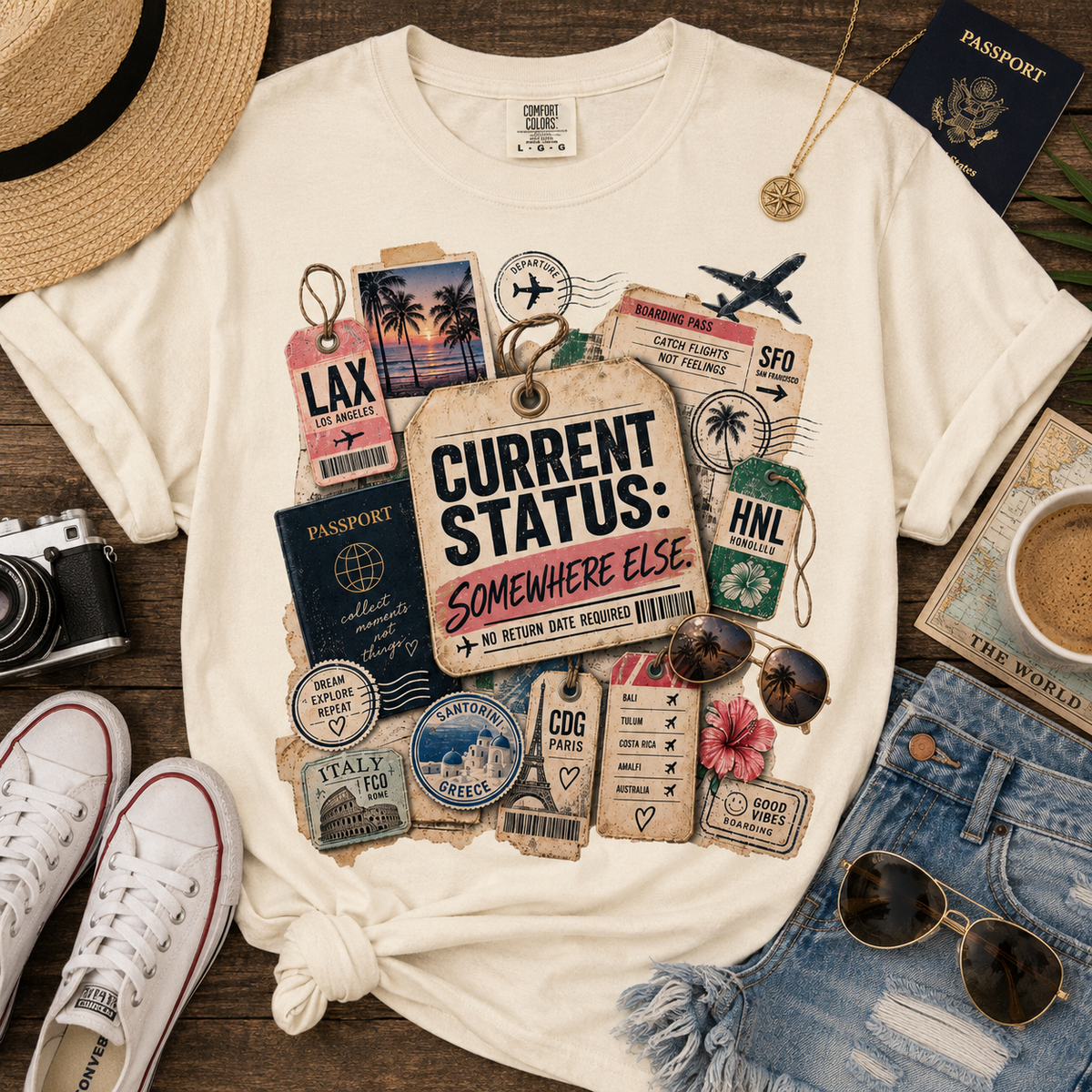 Travel Sticker Collage T-Shirt — "Current Status: Somewhere Else" Graphic Tee