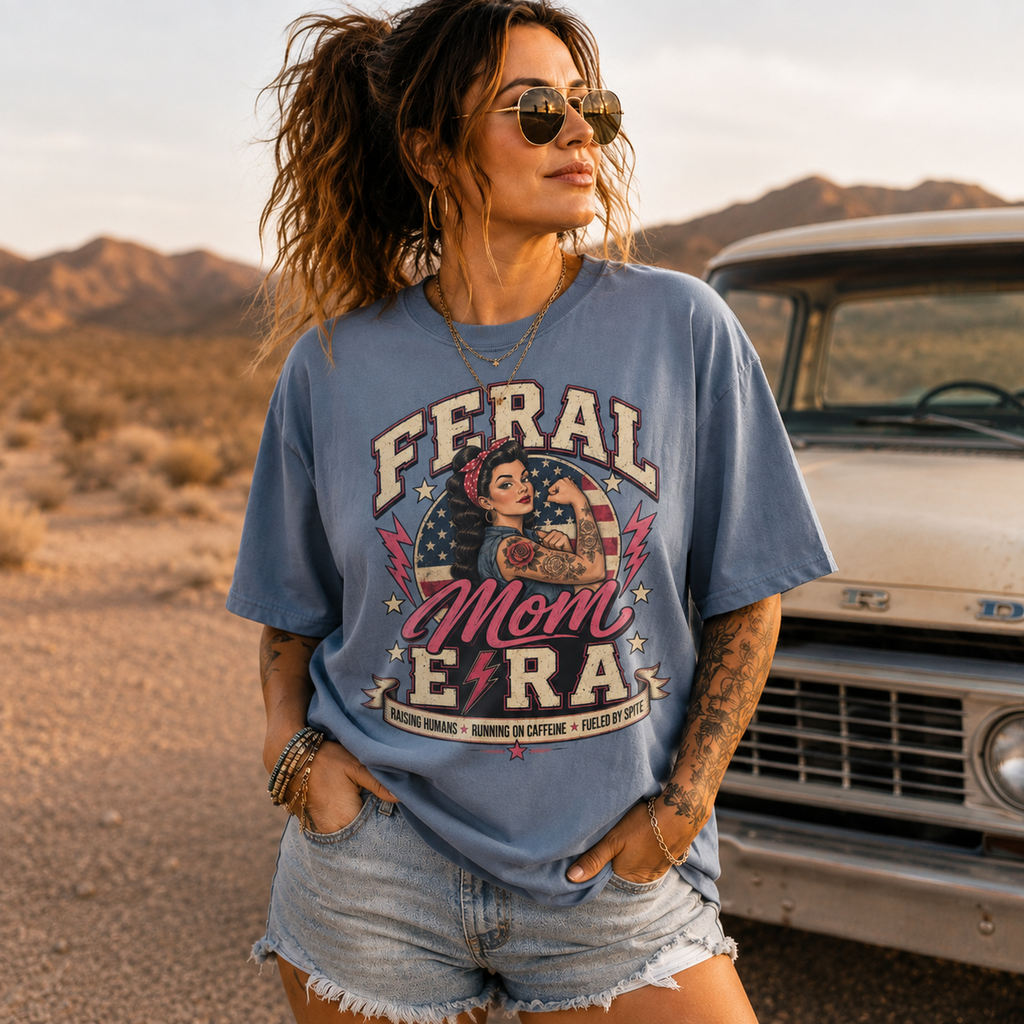 Feral Mom Era T-Shirt — Retro Rosie Riveter Motherhood Tee