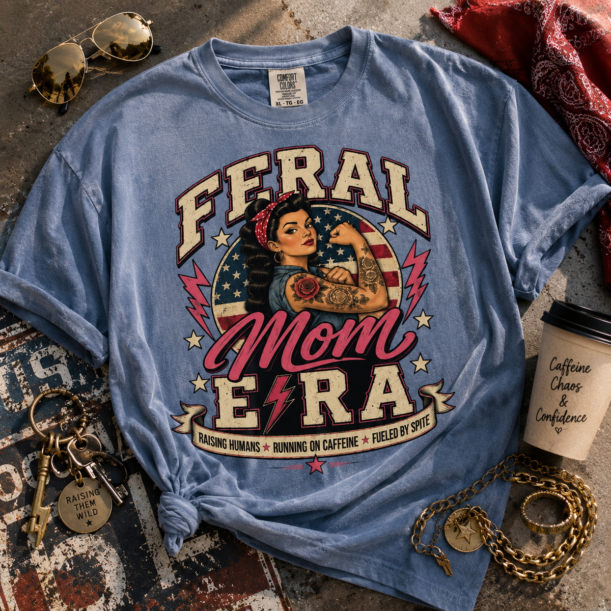 Feral Mom Era T-Shirt — Retro Rosie Riveter Motherhood Tee