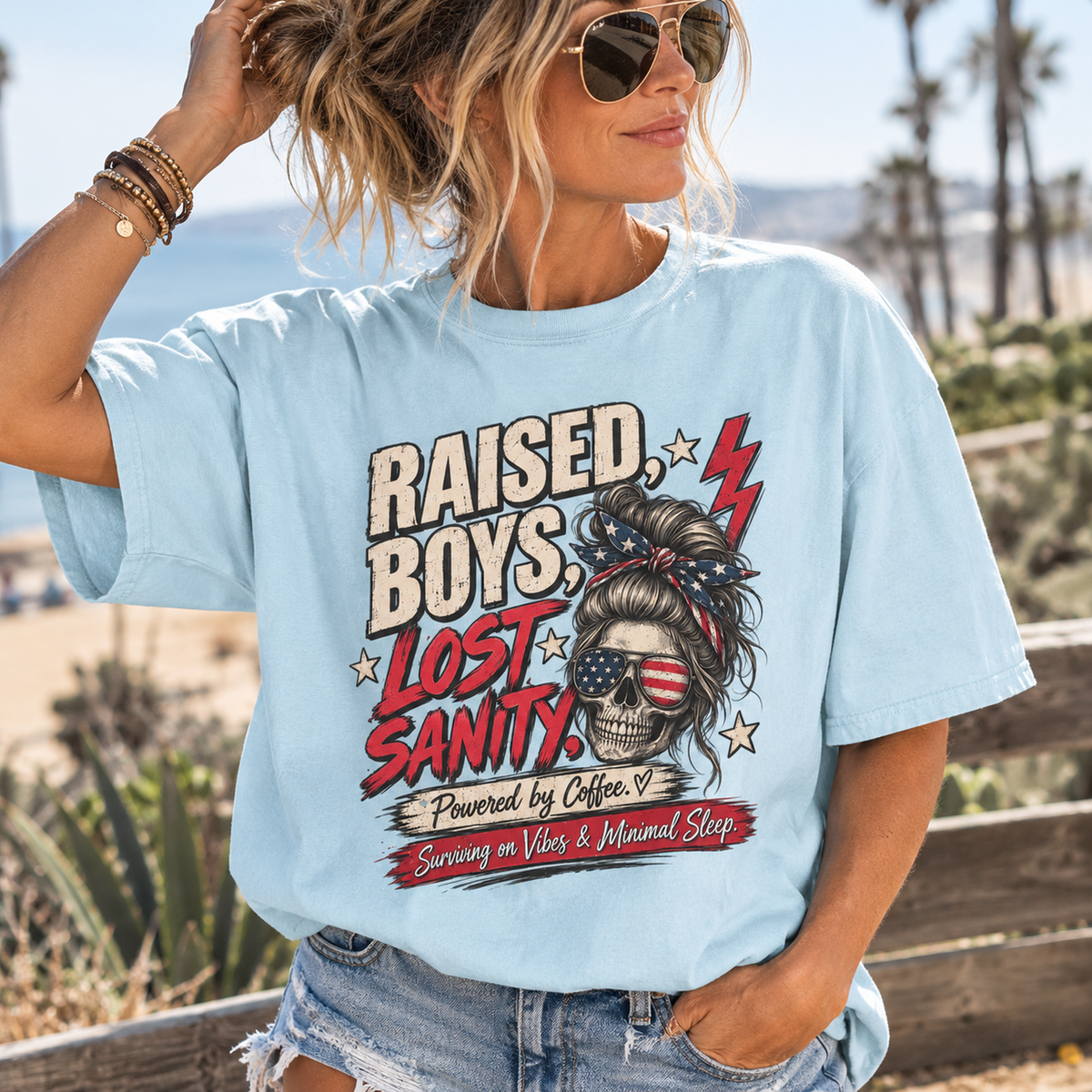 Raised Boys Lost Sanity Graphic T-Shirt — Mom Patriotic Messy Bun Tee