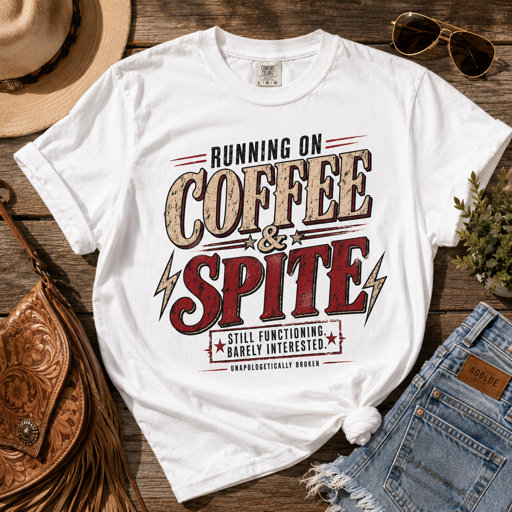 Coffee & Spite T-Shirt — "Running on Coffee & Spite" Retro Graphic Tee
