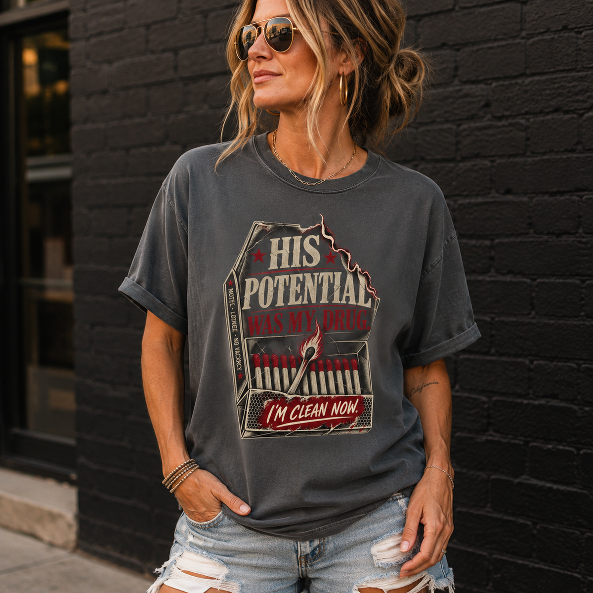 T-Shirt — "His Potential Was My Drug" Vintage Matchbox Graphic Tee