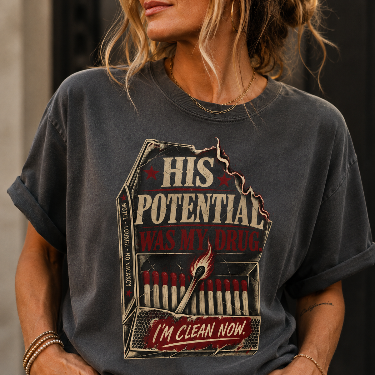 T-Shirt — "His Potential Was My Drug" Vintage Matchbox Graphic Tee