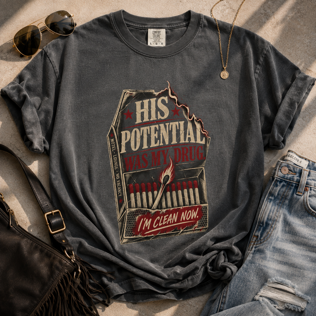 T-Shirt — "His Potential Was My Drug" Vintage Matchbox Graphic Tee