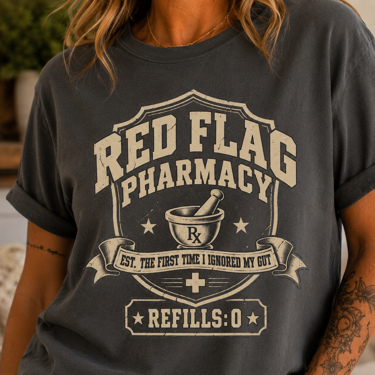 Red Flag Pharmacy T-Shirt — Funny Dating Graphic Tee (Refills: 0)