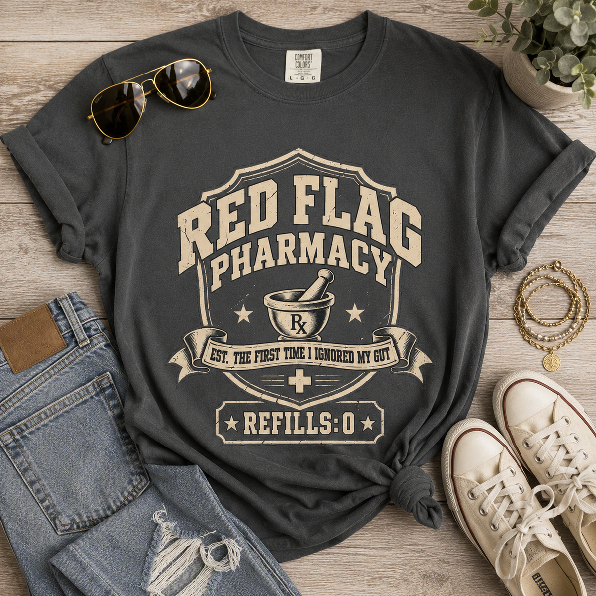 Red Flag Pharmacy T-Shirt — Funny Dating Graphic Tee (Refills: 0)