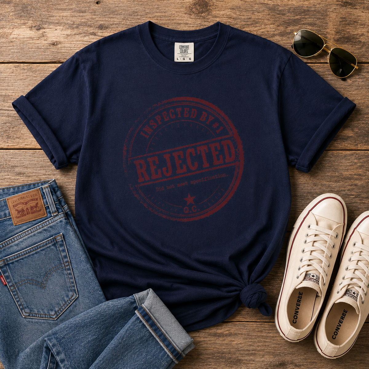 Rejected Stamp T-Shirt — Distressed ‘Inspected By: Rejected’ Graphic Tee