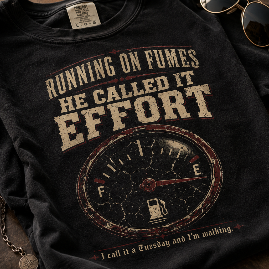 Running on Fumes Gauge Graphic T-Shirt — "He Called It Effort" Vintage Mechanics Tee