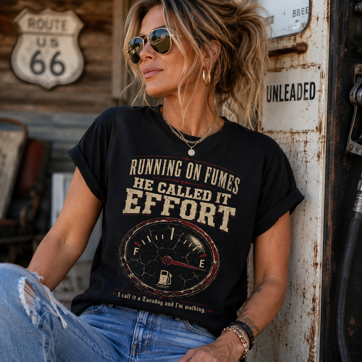 Running on Fumes Gauge Graphic T-Shirt — "He Called It Effort" Vintage Mechanics Tee