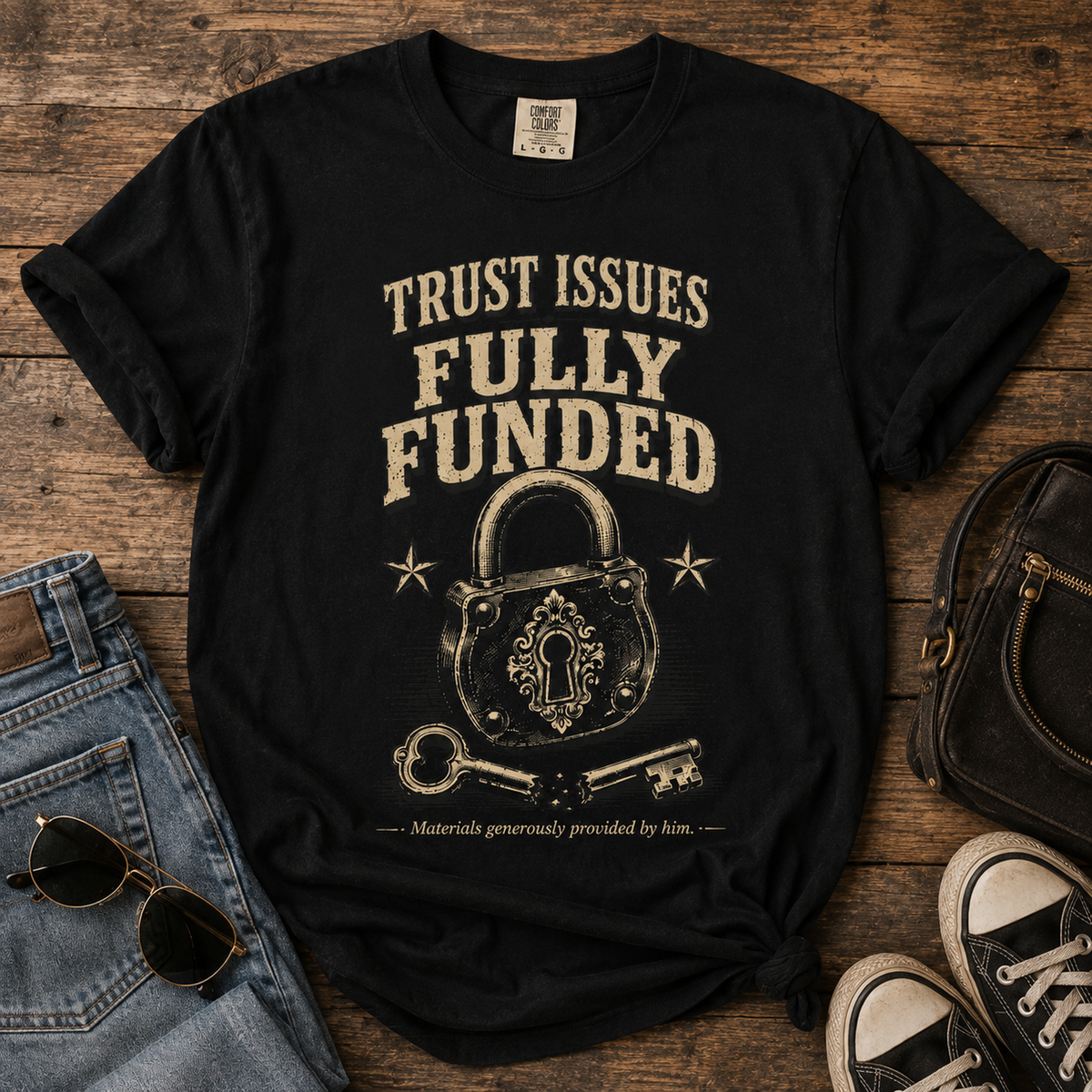 Trust Issues Fully Funded T‑Shirt — Funny Vintage Padlock Graphic Tee