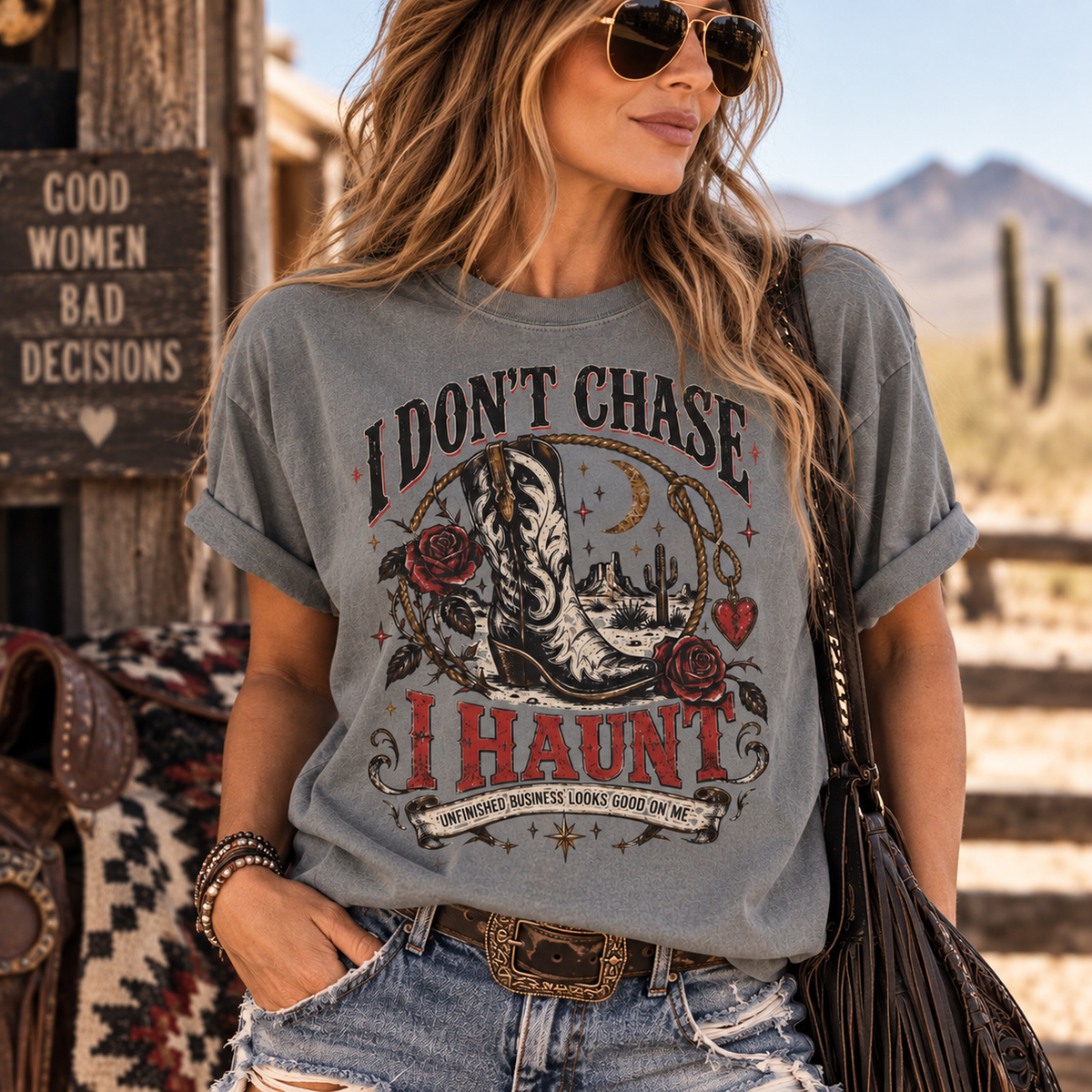 I Don’t Chase I Haunt T-Shirt — Gothic Skull Desert Graphic Tee