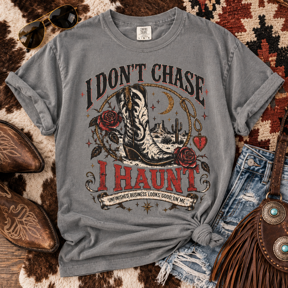 I Don’t Chase I Haunt T-Shirt — Gothic Skull Desert Graphic Tee