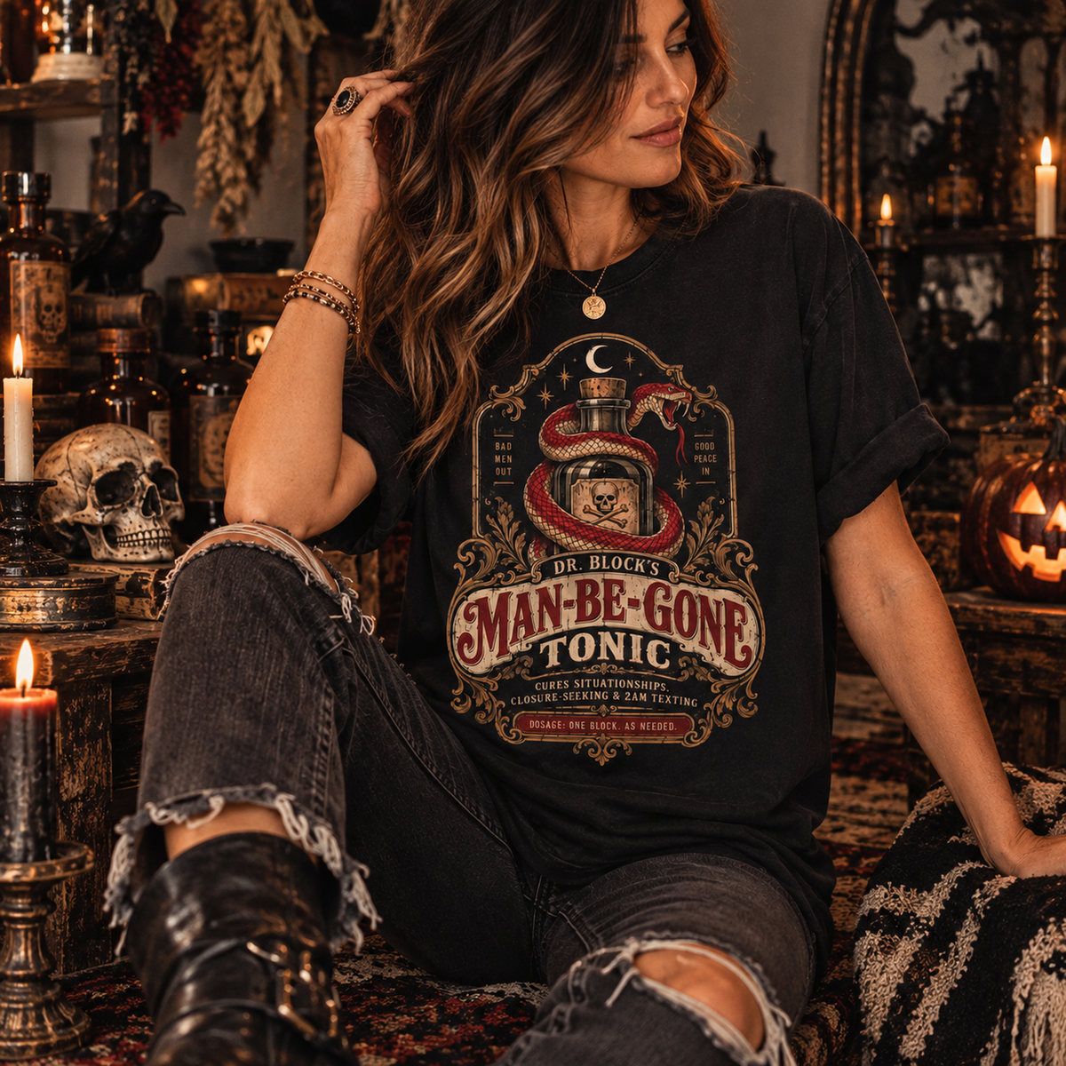 Man-Be-Gone Tonic | Vintage Apothecary Halloween Oversized Tee