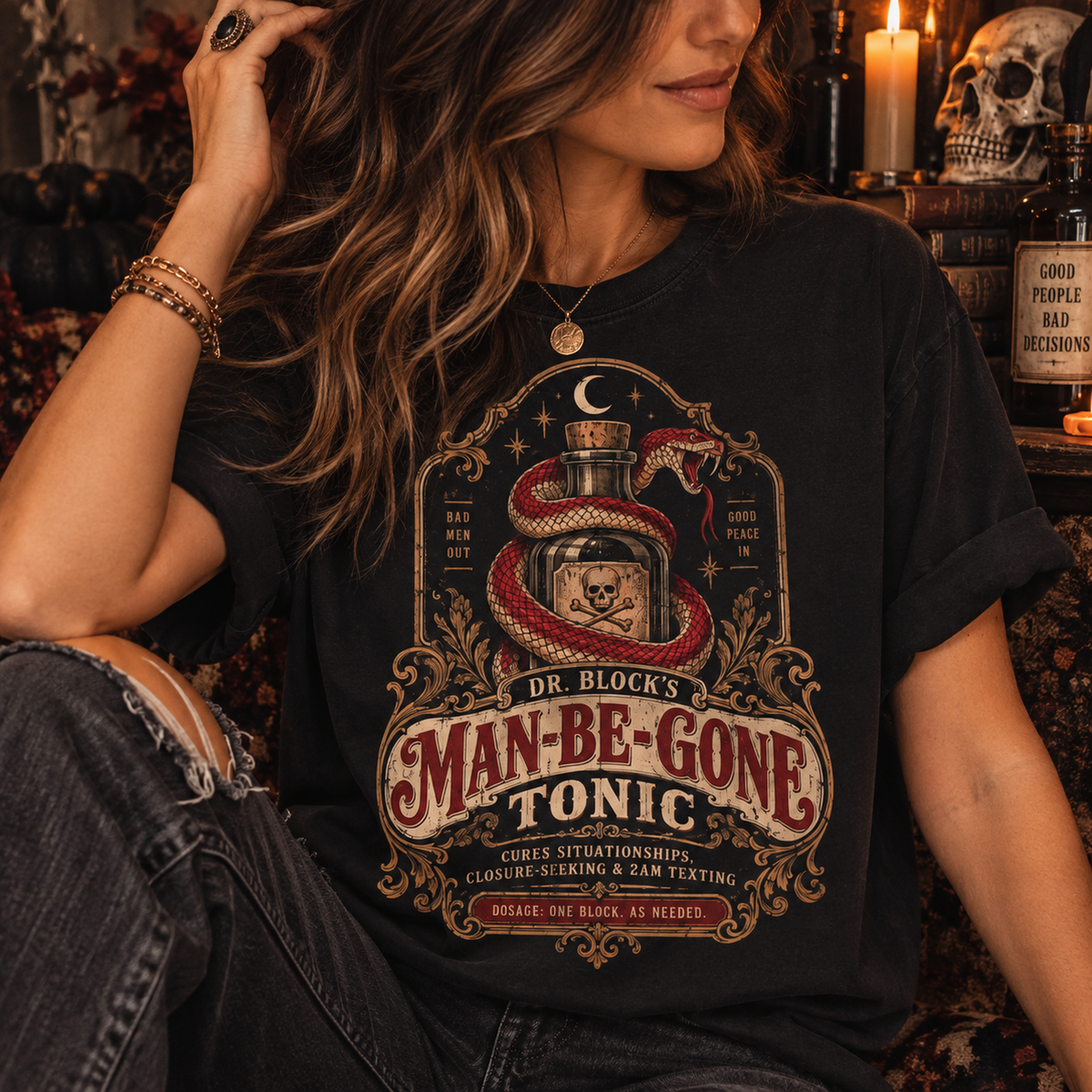 Man-Be-Gone Tonic | Vintage Apothecary Halloween Oversized Tee