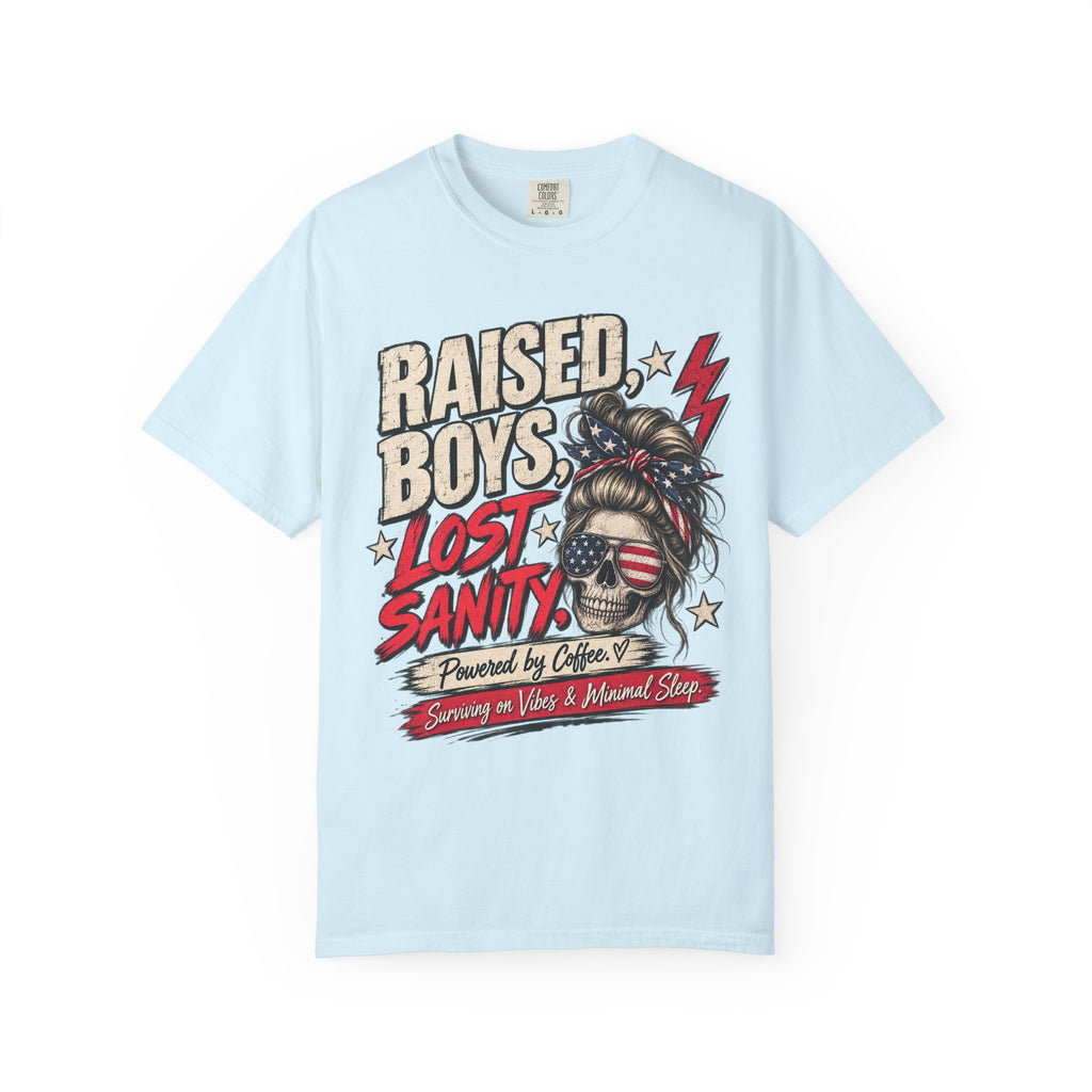 Raised Boys Lost Sanity Graphic T-Shirt — Mom Patriotic Messy Bun Tee