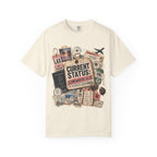 Travel Sticker Collage T-Shirt — "Current Status: Somewhere Else" Graphic Tee