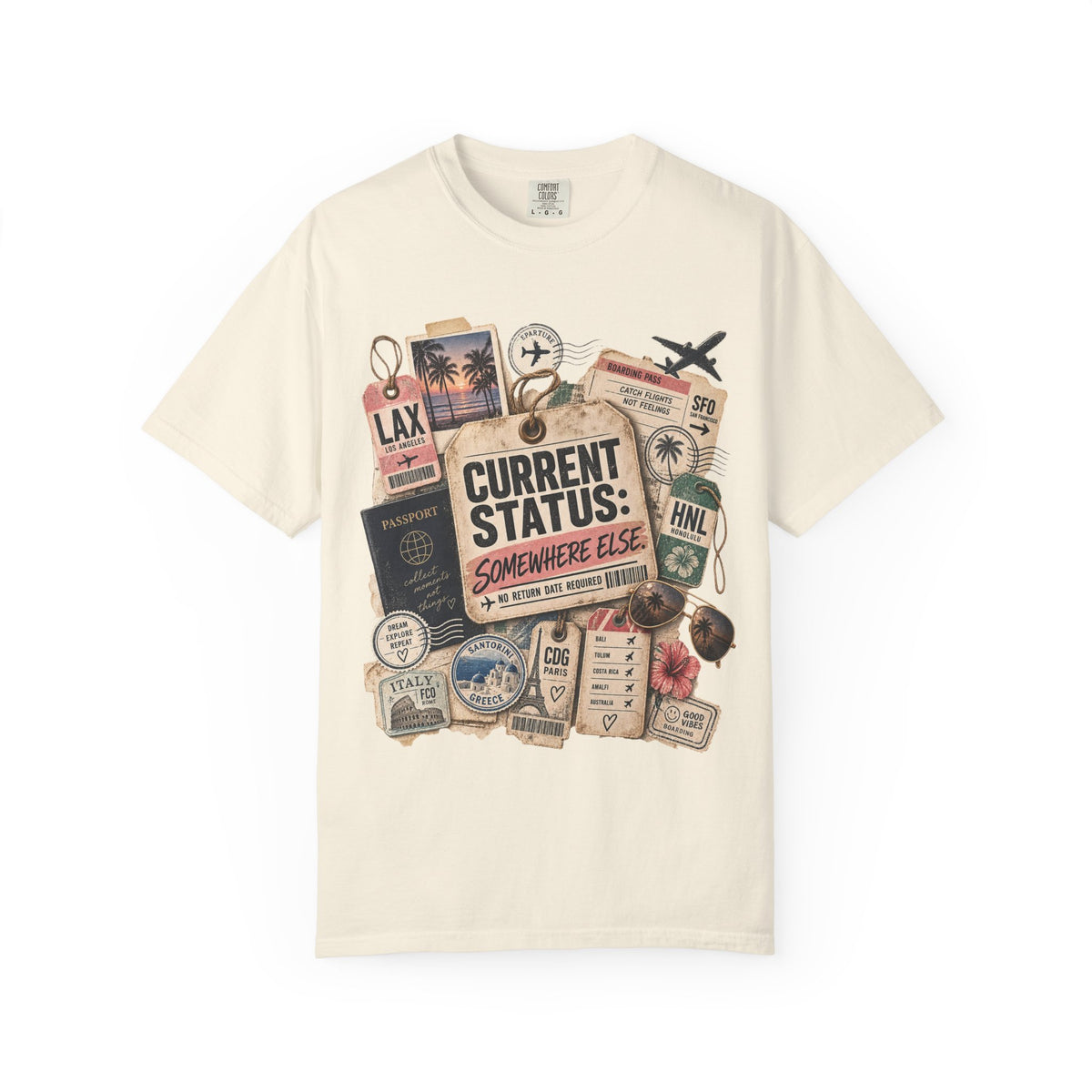 Travel Sticker Collage T-Shirt — "Current Status: Somewhere Else" Graphic Tee