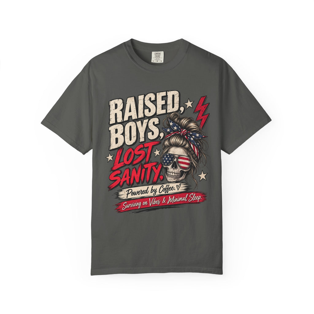 Raised Boys Lost Sanity Graphic T-Shirt — Mom Patriotic Messy Bun Tee