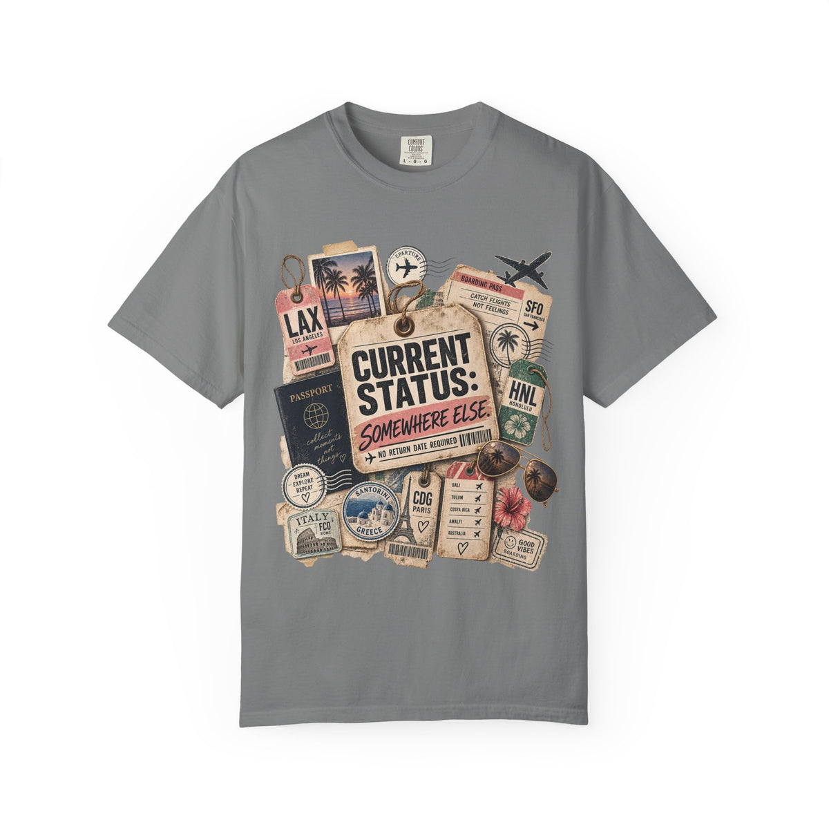 Travel Sticker Collage T-Shirt — "Current Status: Somewhere Else" Graphic Tee